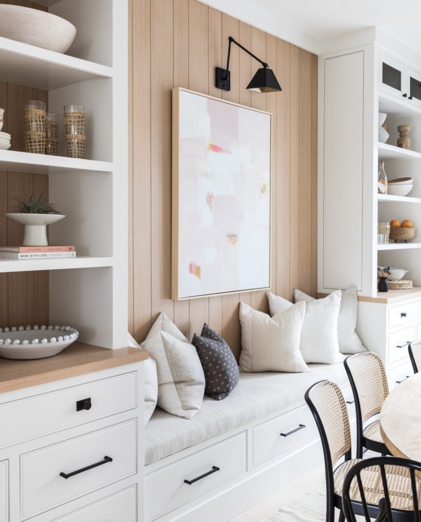 Minimalist dining room with wood slats