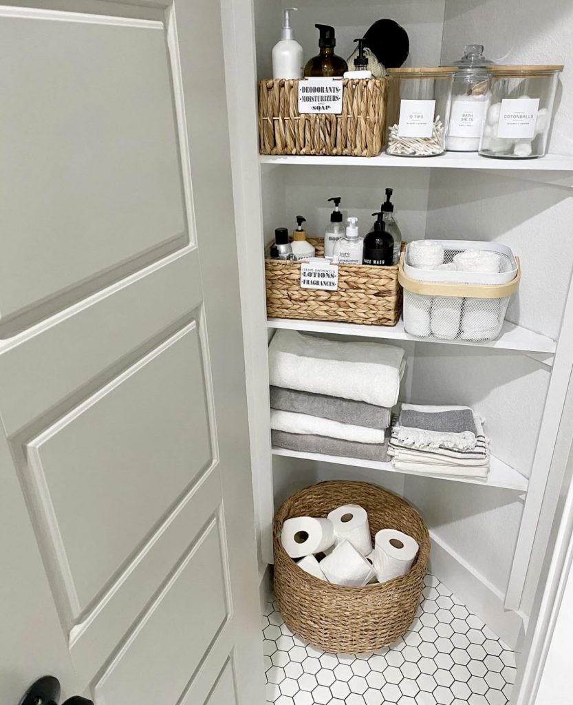 Seagrass baskets in linen closet