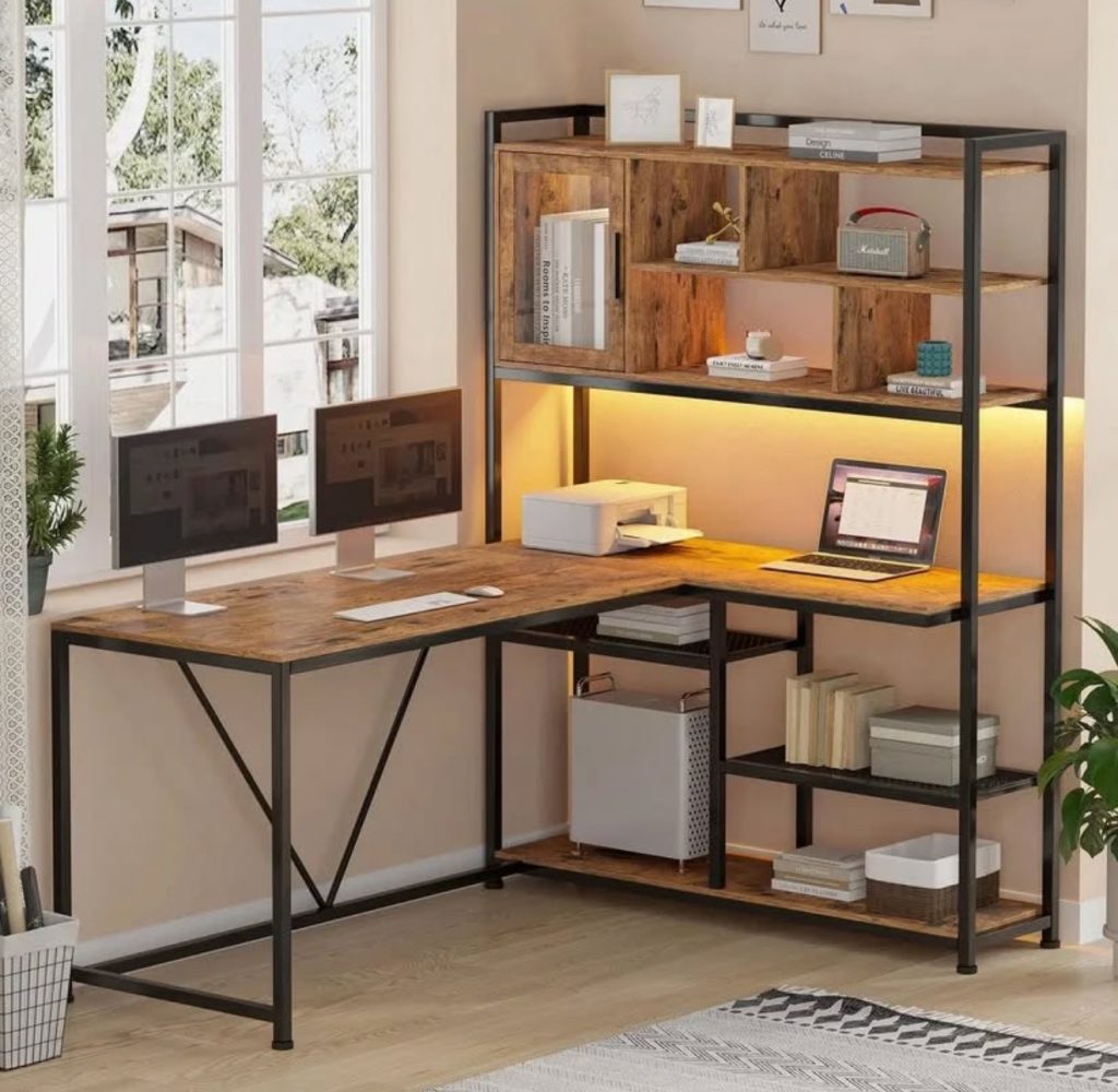 L-Shaped Desk with Lighted Hutch