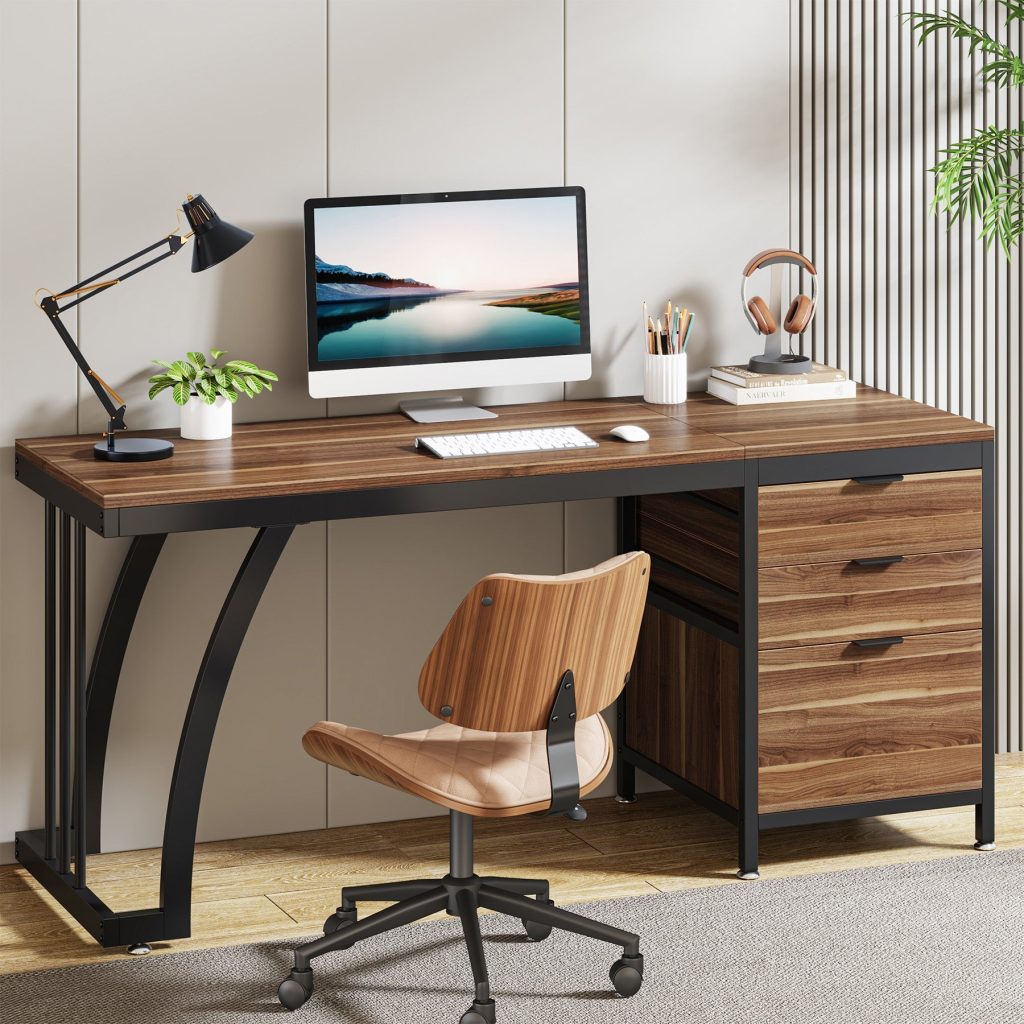 Modern Walnut and Black Metal Desk