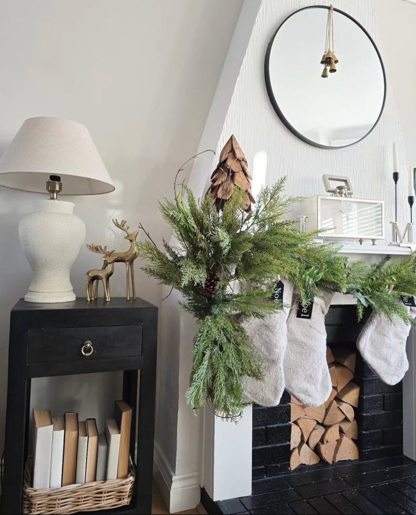 Cozy fireplace with neutral stockings