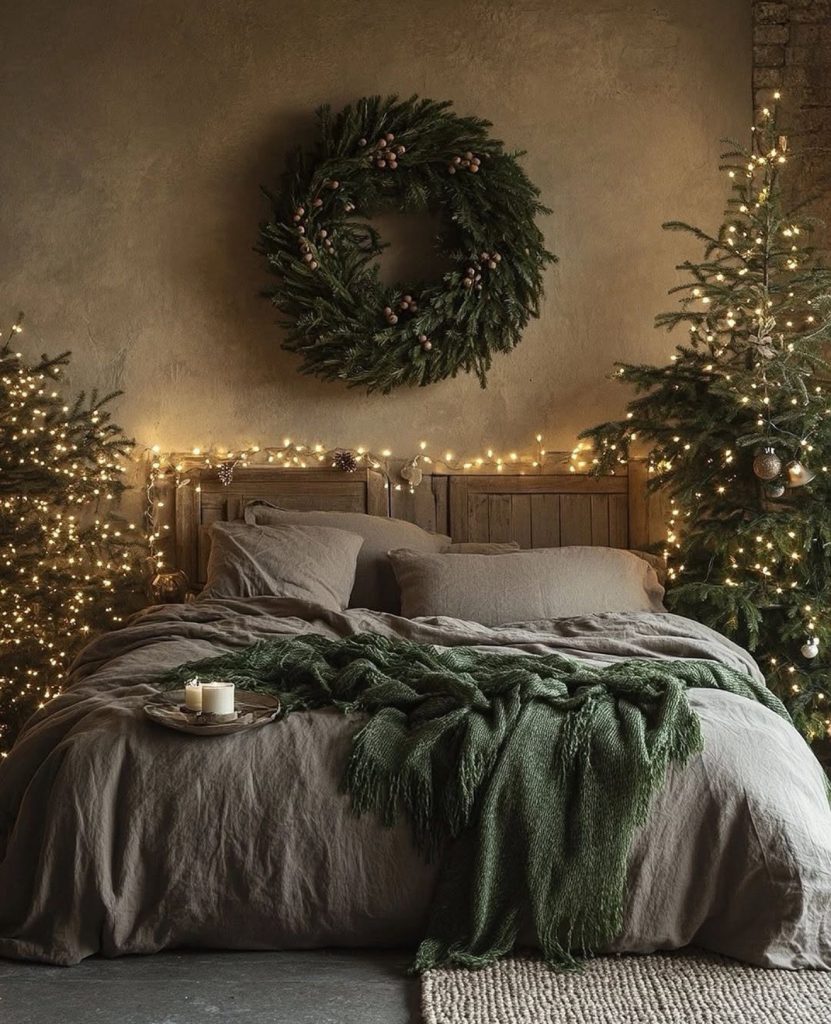 Moody cozy Christmas bedroom