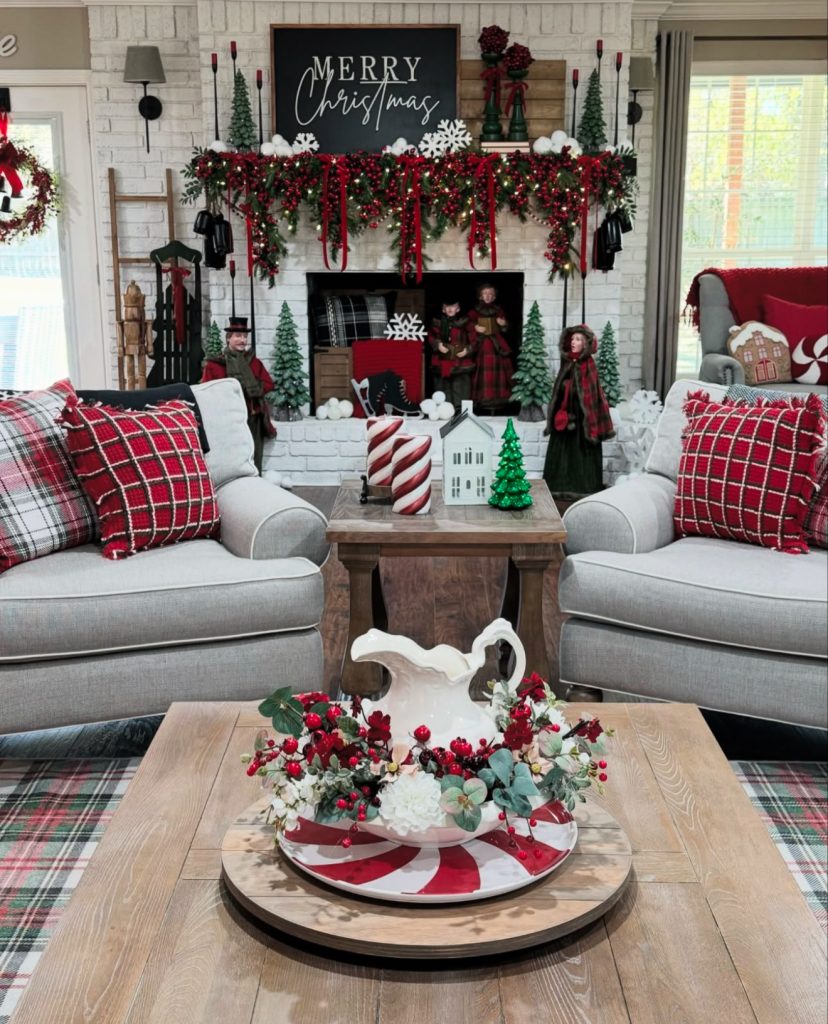 Traditional living room with red accents