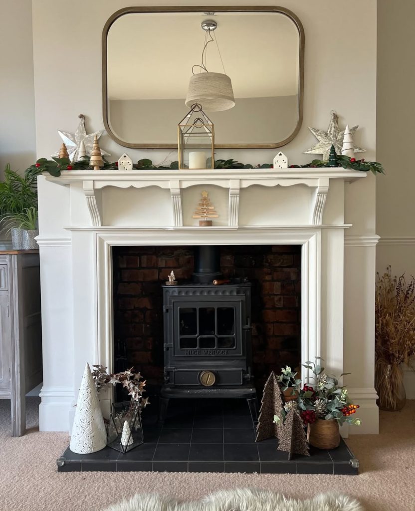 Minimalist white Christmas mantel