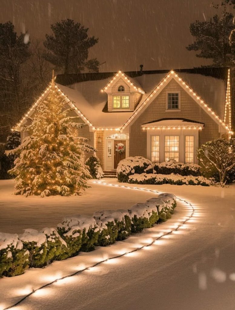 Driveway lined with lights