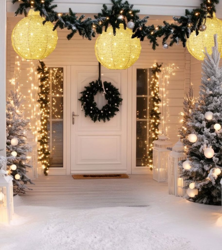 Snowy porch with golden lantern lights