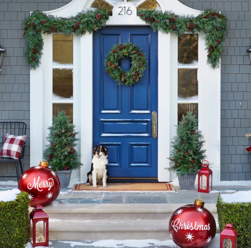 Blue door with Christmas decorations
