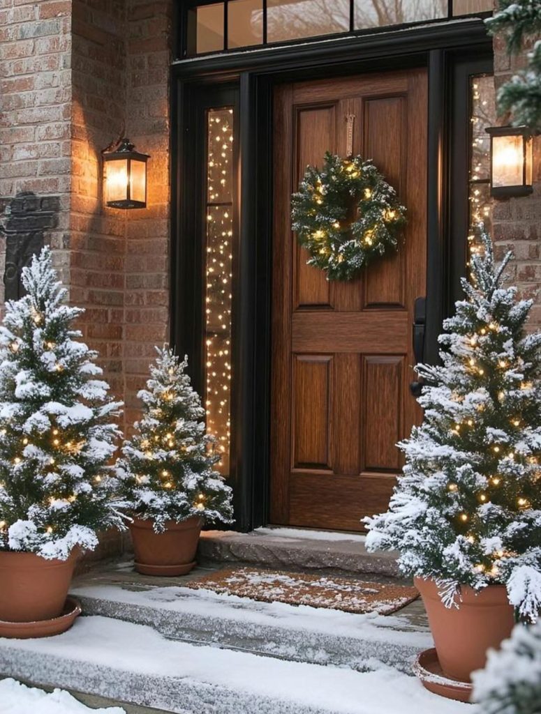 Snowy trees in terracotta planters