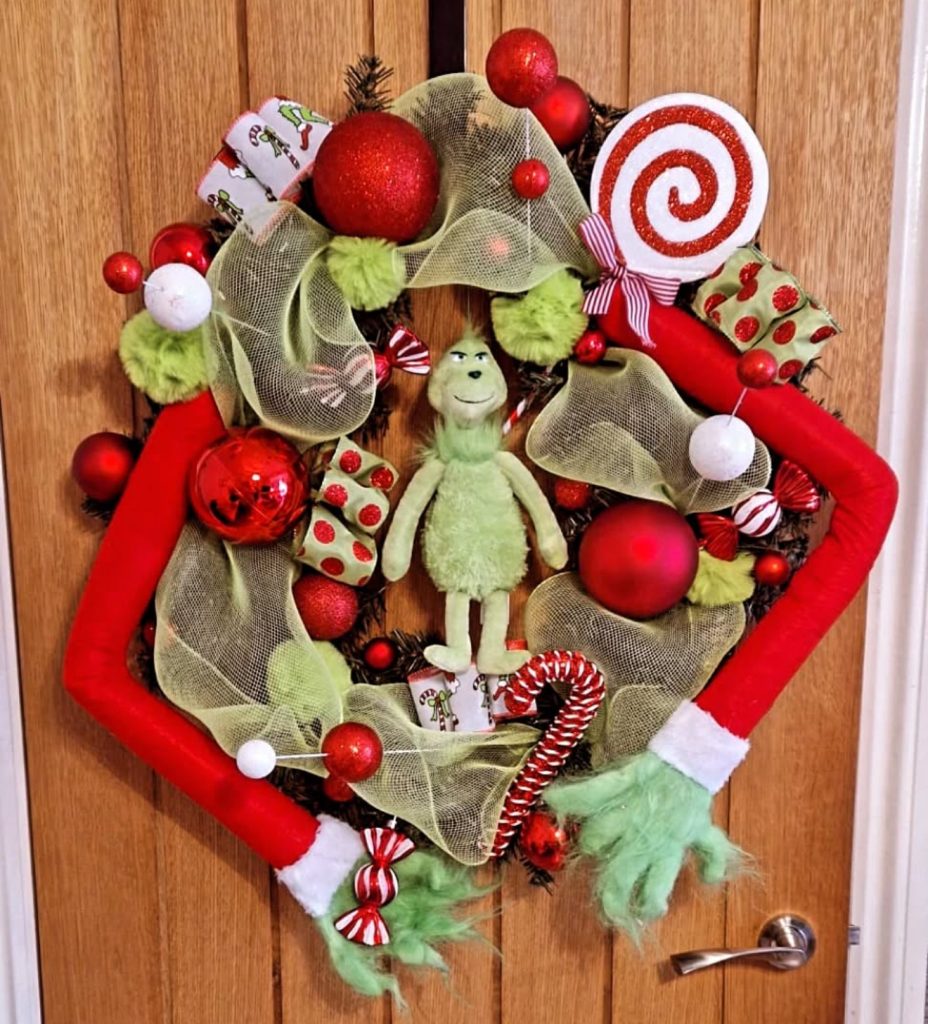 Grinch Wreath with Plush Doll