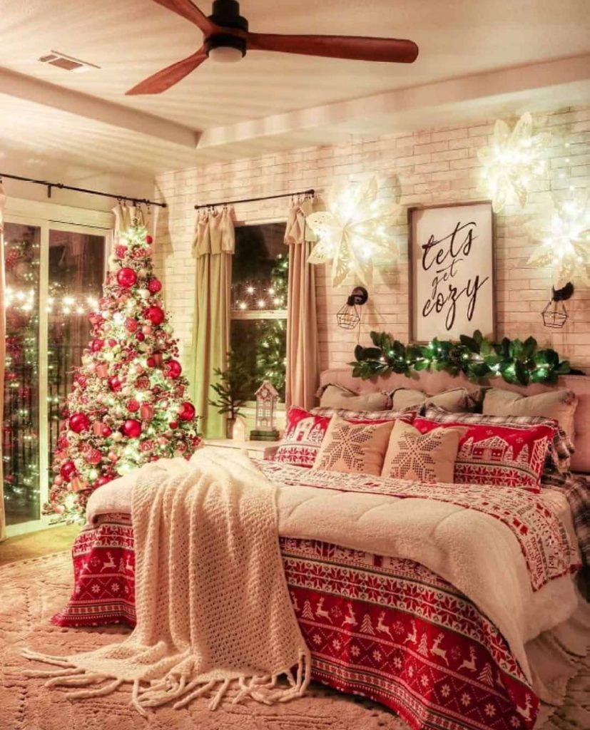 Traditional Christmas bedroom with red and gold