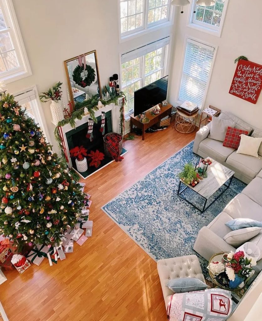 Classic family living room with colorful Christmas tree