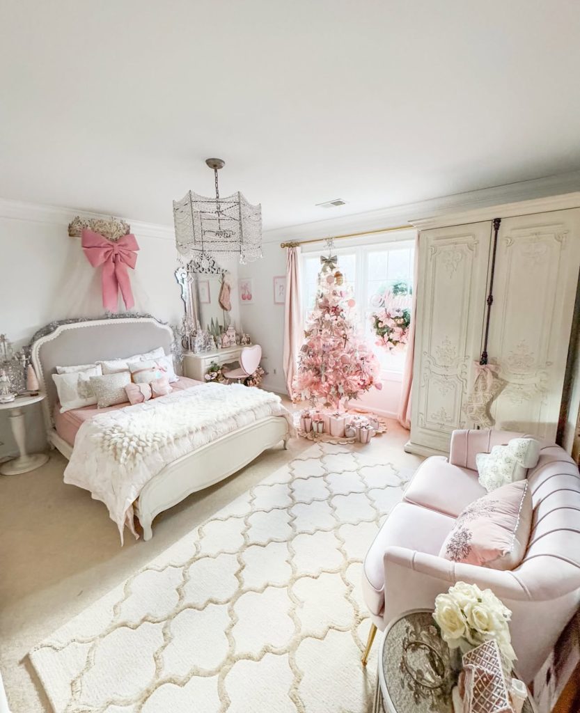Pastel pink Christmas bedroom