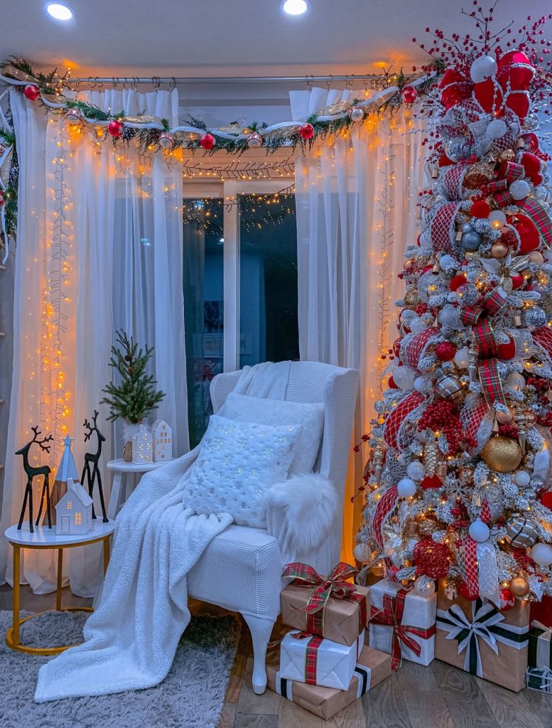 Christmas room with bold red plaid ribbons