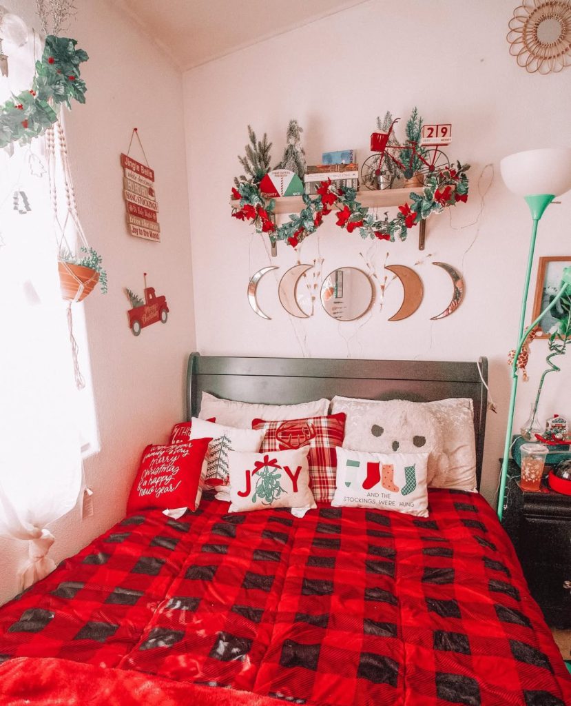 Rustic bedroom with red and black plaid bedding