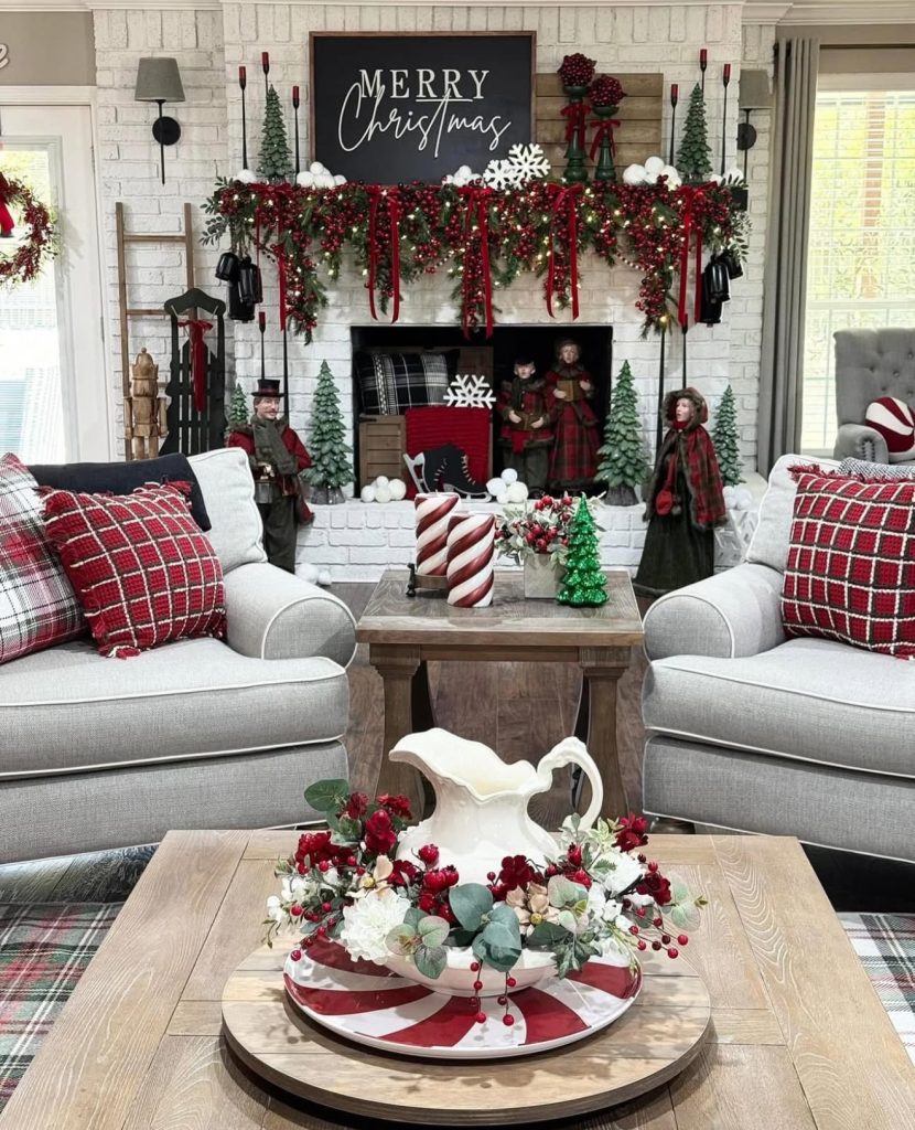 Fireplace decorated with candy cane accents