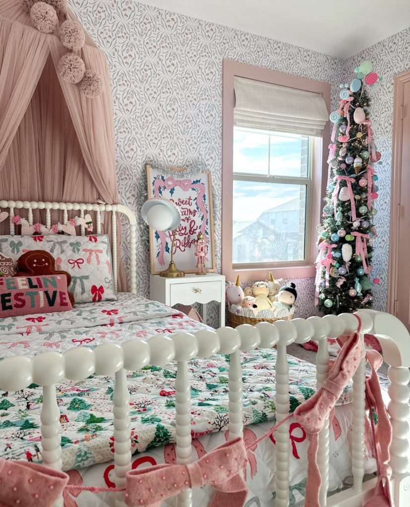 Kids' Christmas bedroom with candy-colored decorations