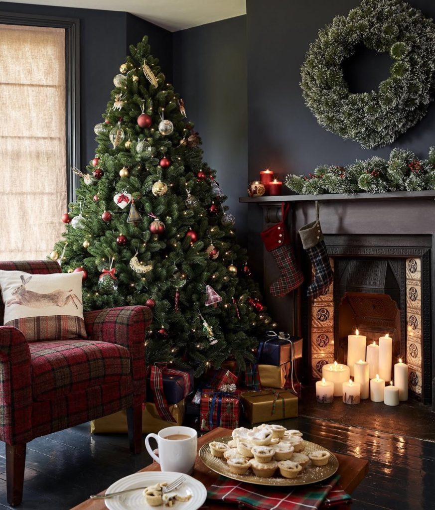 Traditional Christmas living room with plaid accents