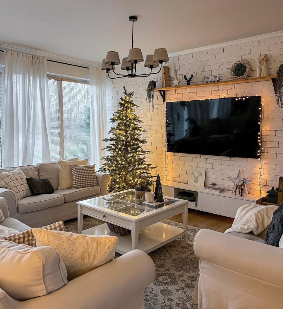 Minimalist living room with Christmas lights