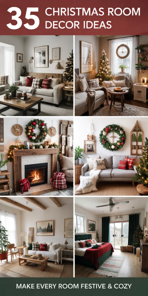 Collage of various Christmas room decor styles