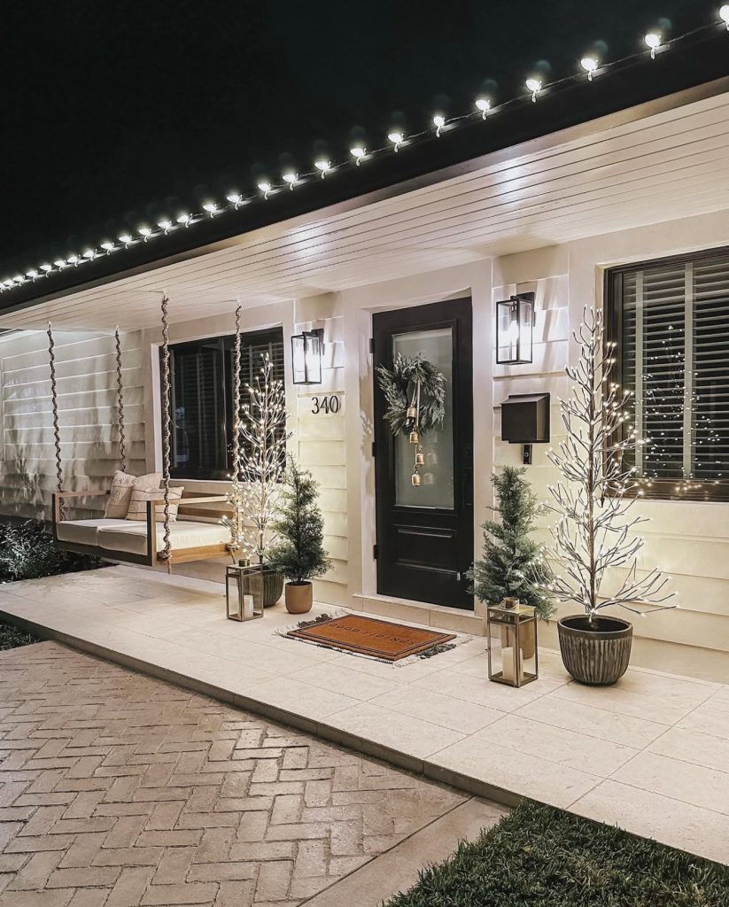 Modern front porch with minimalist Christmas decor