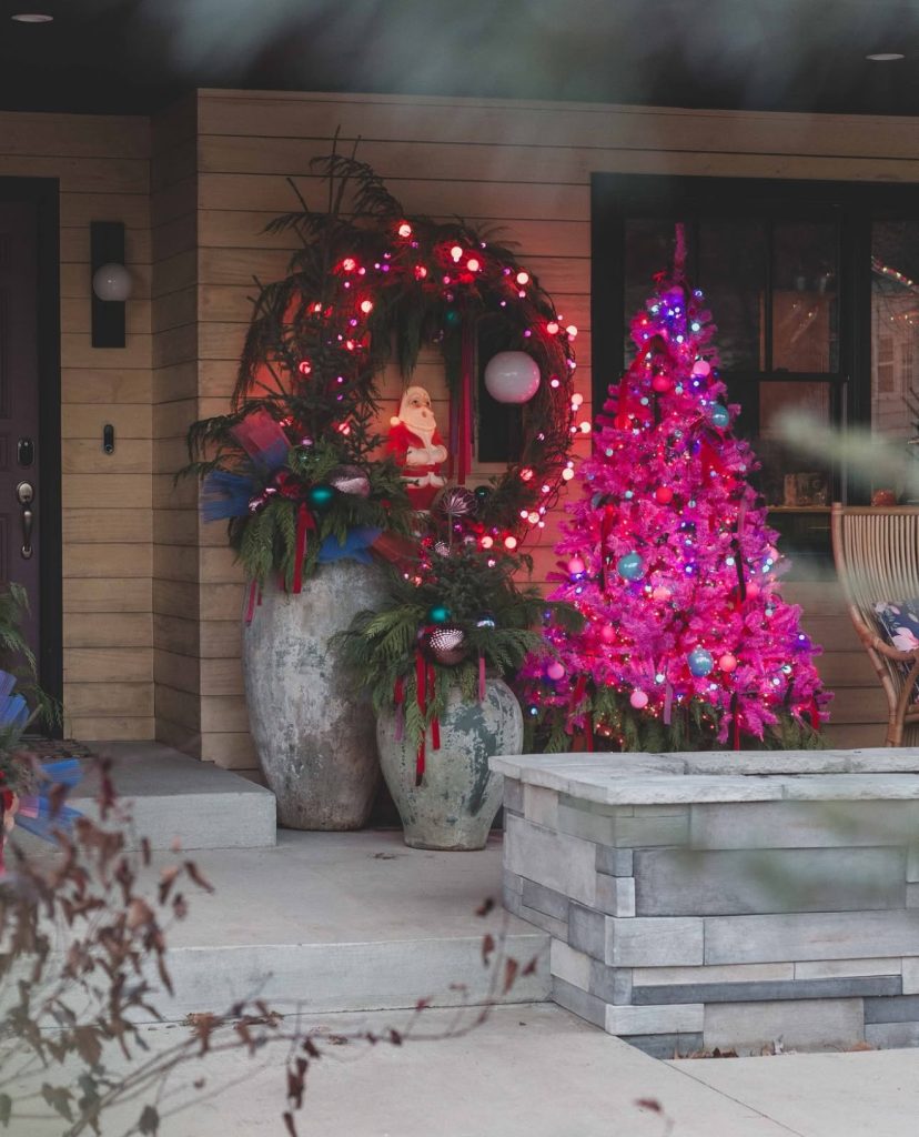 Colorful Christmas porch with bright lights