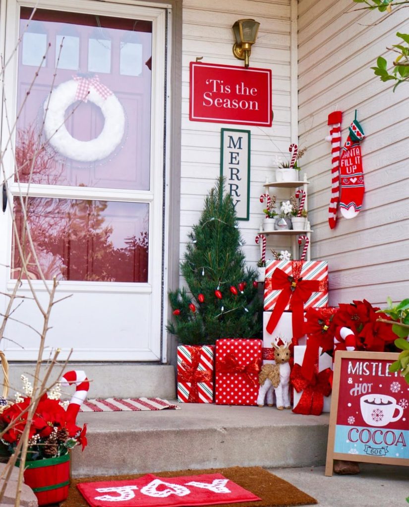 Candy cane themed Christmas porch