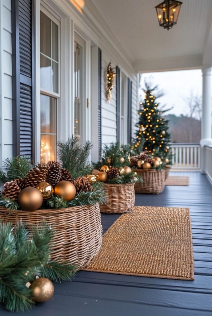Christmas porch with large basket planters