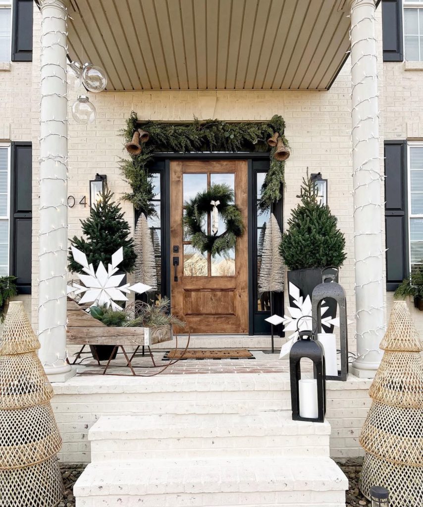 Farmhouse porch with double columns and Christmas decor