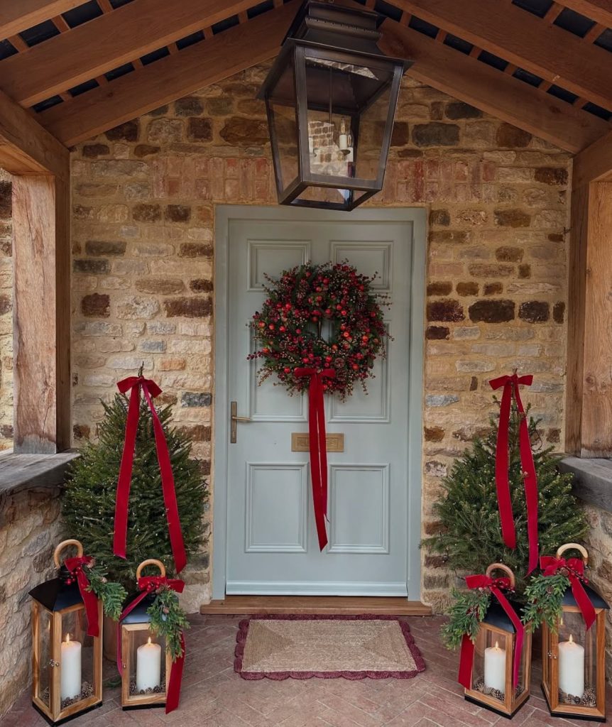 Stone cottage porch with Christmas decor