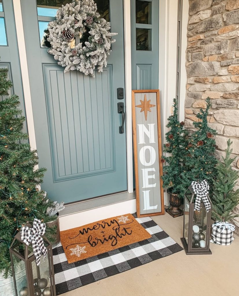 Frosted wreath with buffalo check ribbons