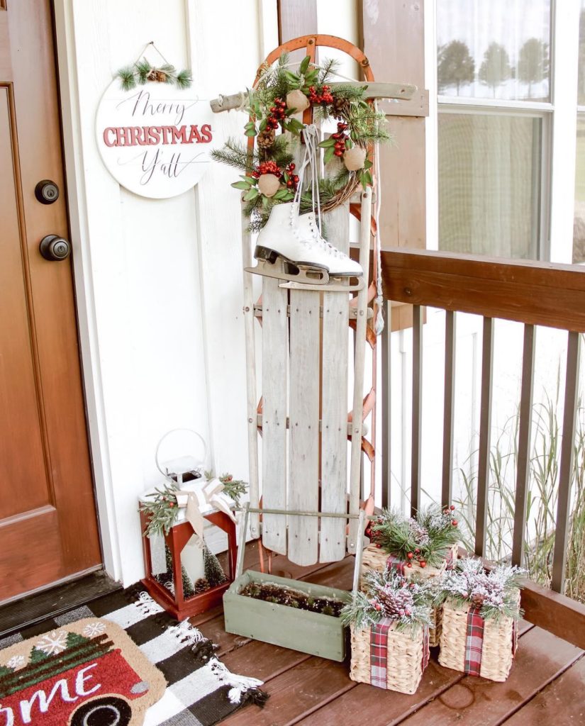 Vintage sled and ice skates Christmas porch