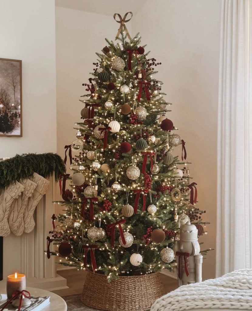 Christmas tree with red bows and metallic ornaments