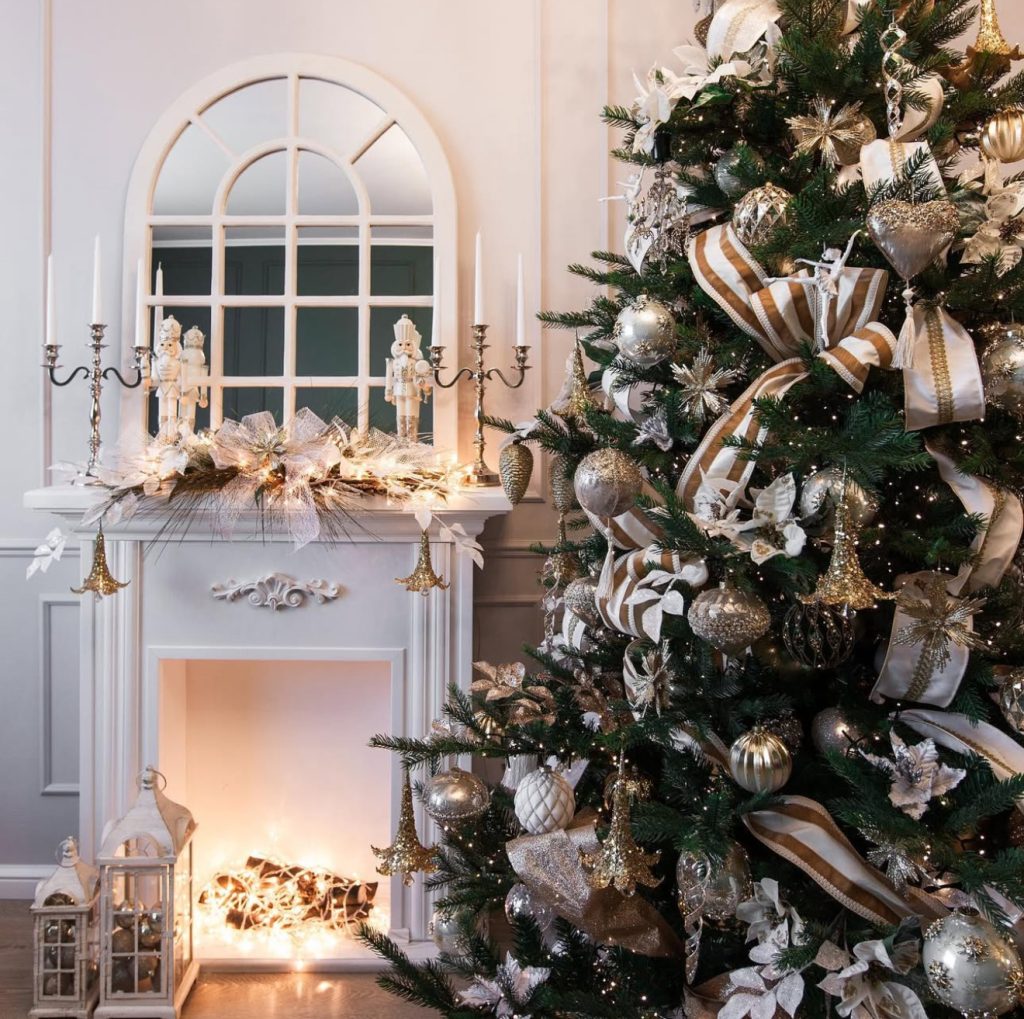 White and gold ribbon Christmas tree