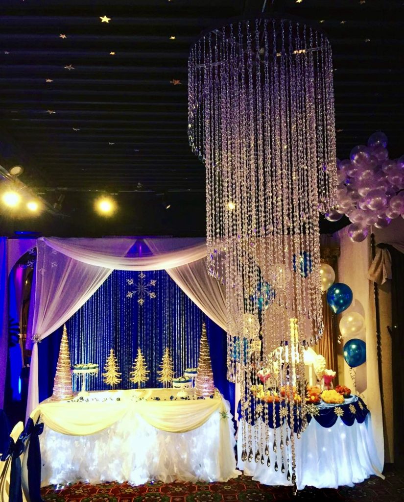Winter wonderland with shimmering drapes and chandeliers
