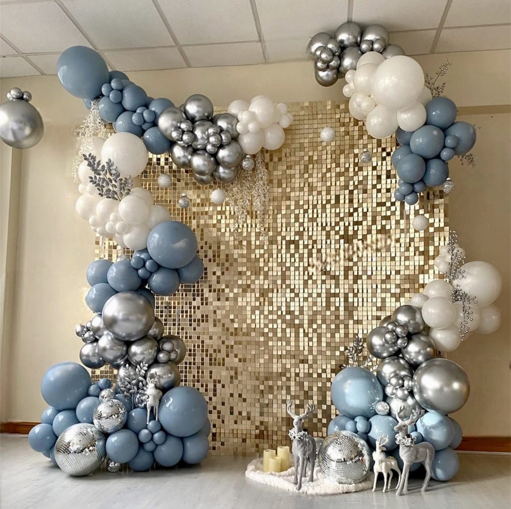 Golden backdrop with silver and blue accents