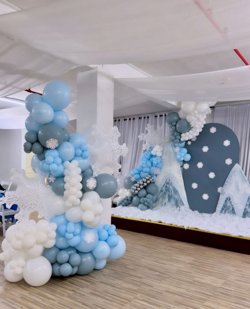 Snowy balloon mountain stage backdrop