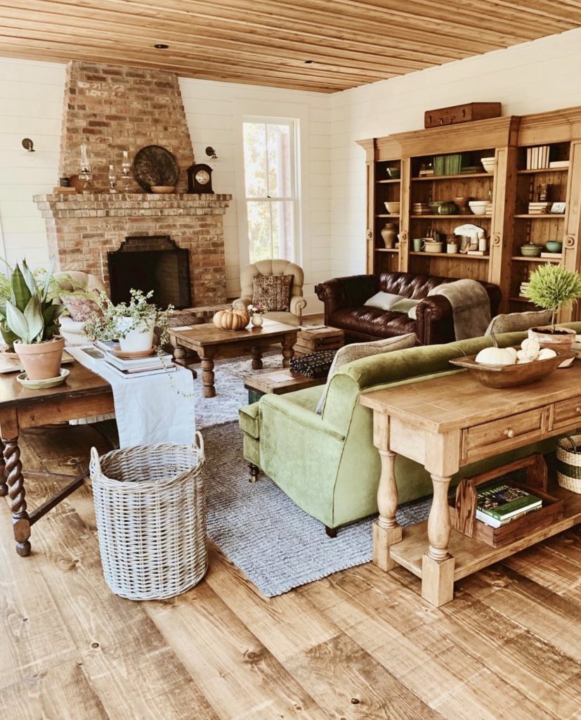 Rustic farmhouse living room with brick fireplace