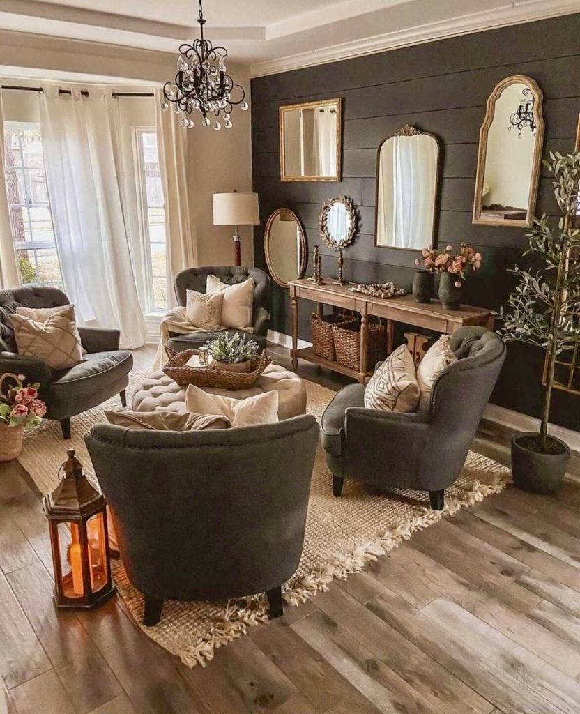 Moody cottage living room with vintage mirrors