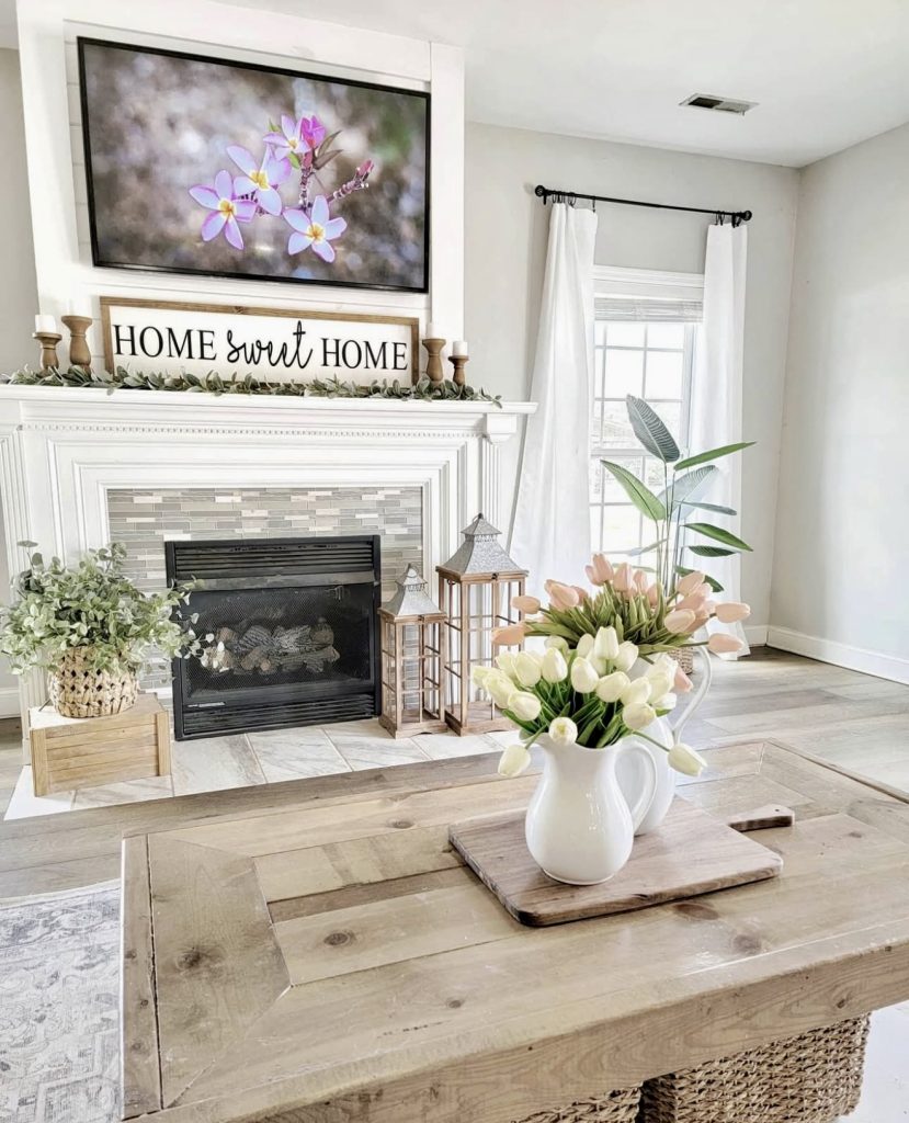 Bright modern farmhouse living room with TV wall decor