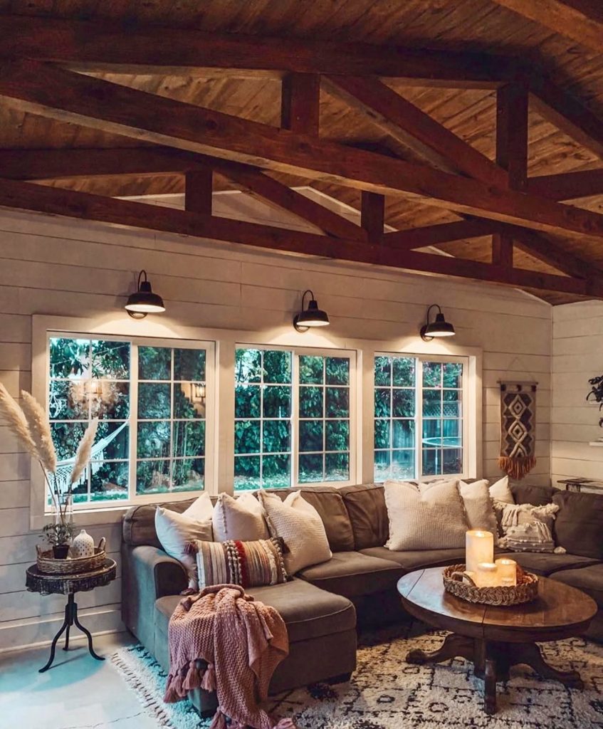 Rustic boho living room with exposed beams