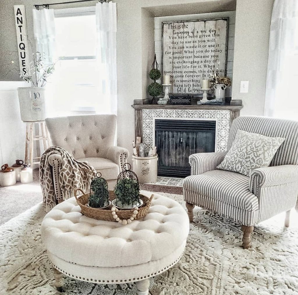 French country living room with antique touches
