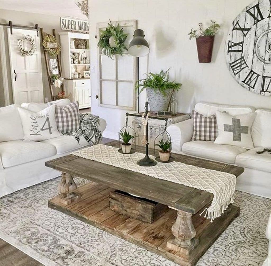 Cozy cottage farmhouse living room with vintage clock