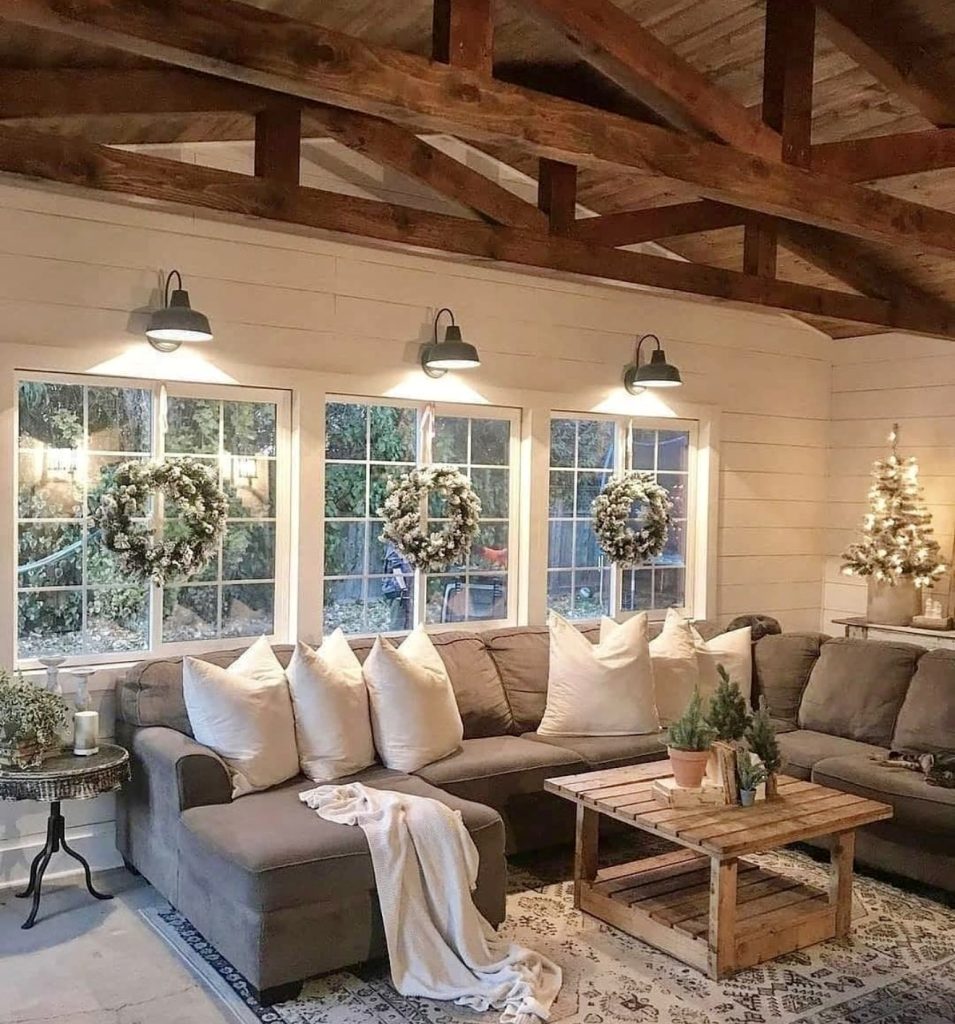 Rustic farmhouse living room with holiday decor