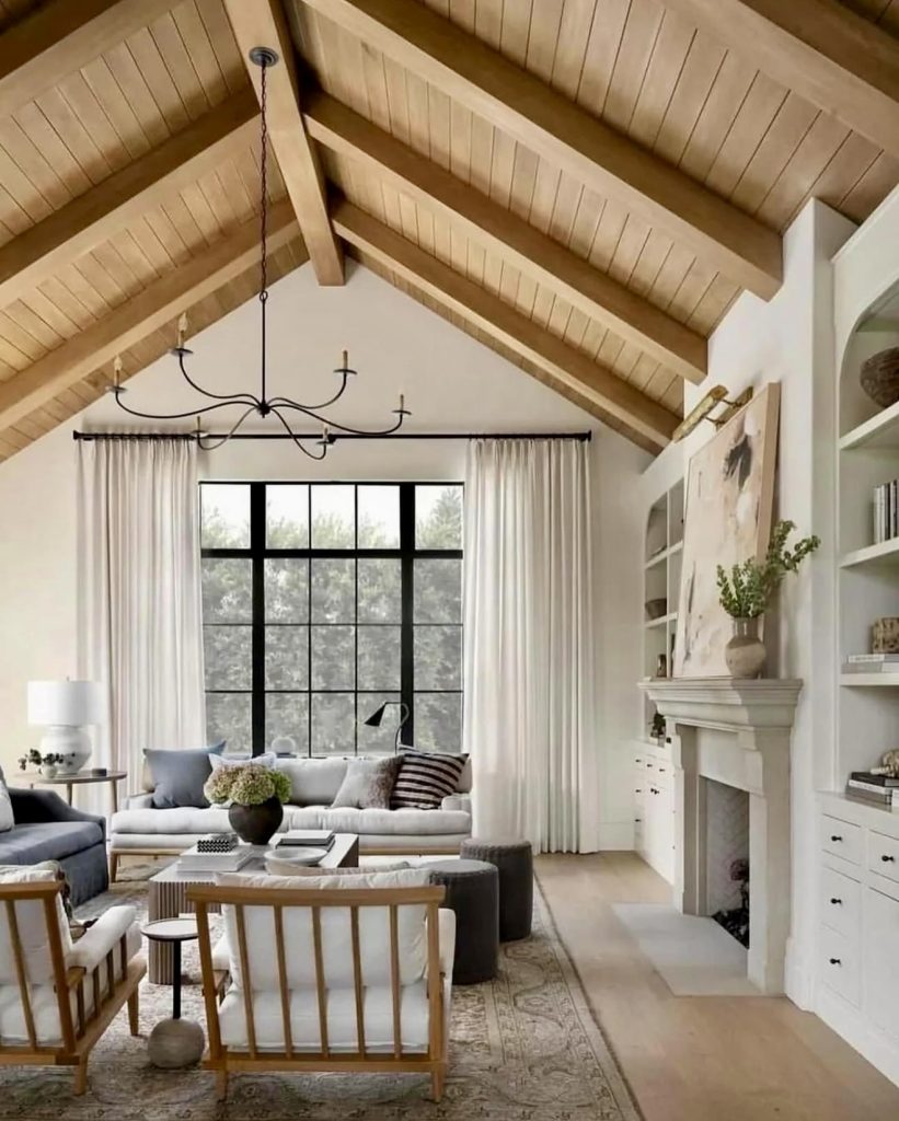 Modern rustic living room with vaulted ceilings