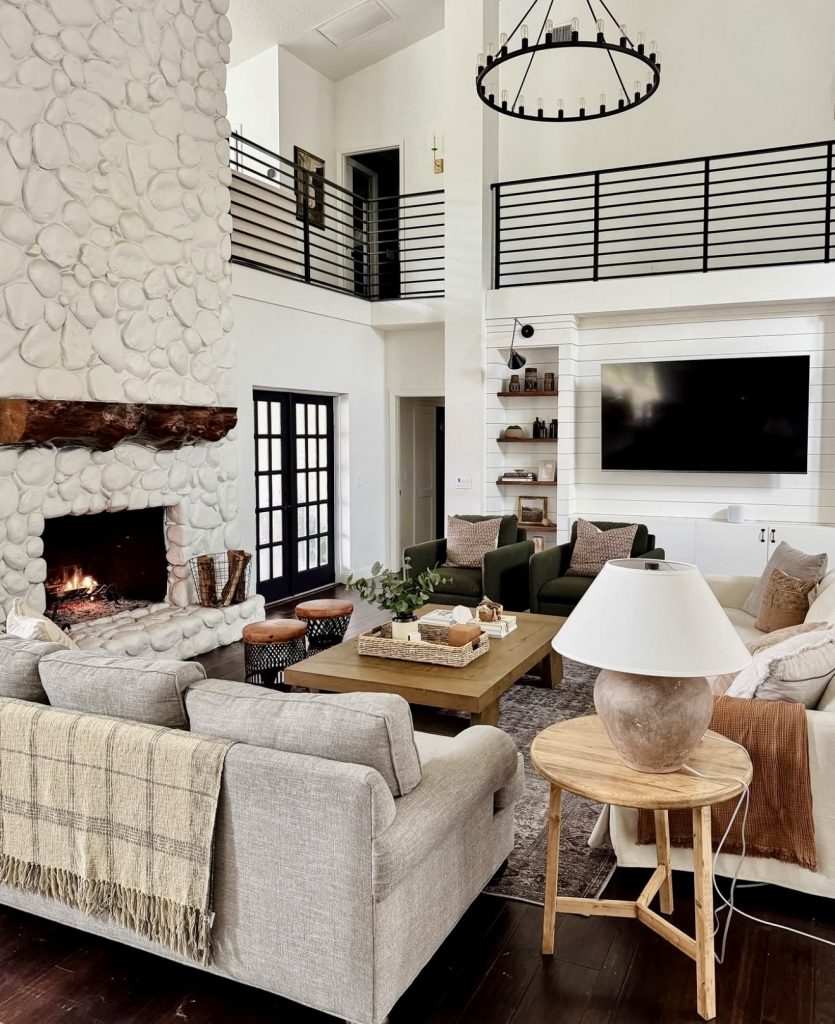 Grand farmhouse living room with modern touches