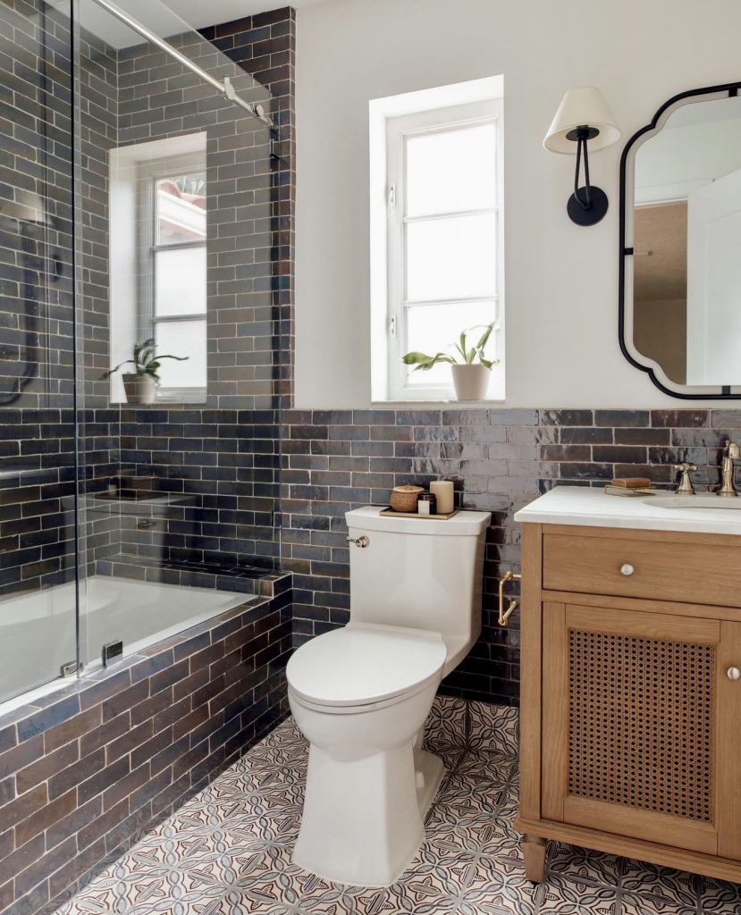 Black and White Shower Tiles with Wood