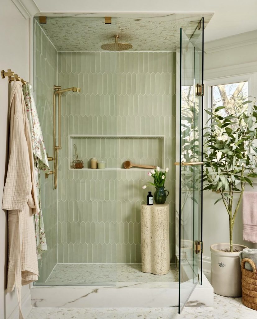 Soft Green Shower Tiles with Terrazzo