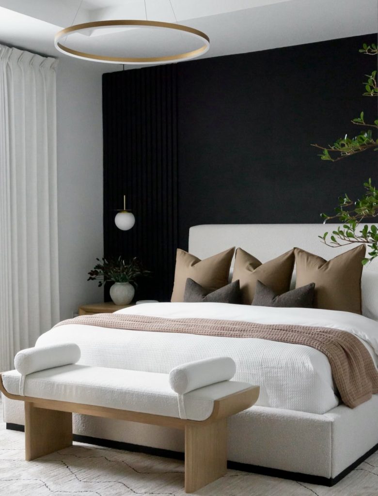 Bedroom with black accent wall and modern decor
