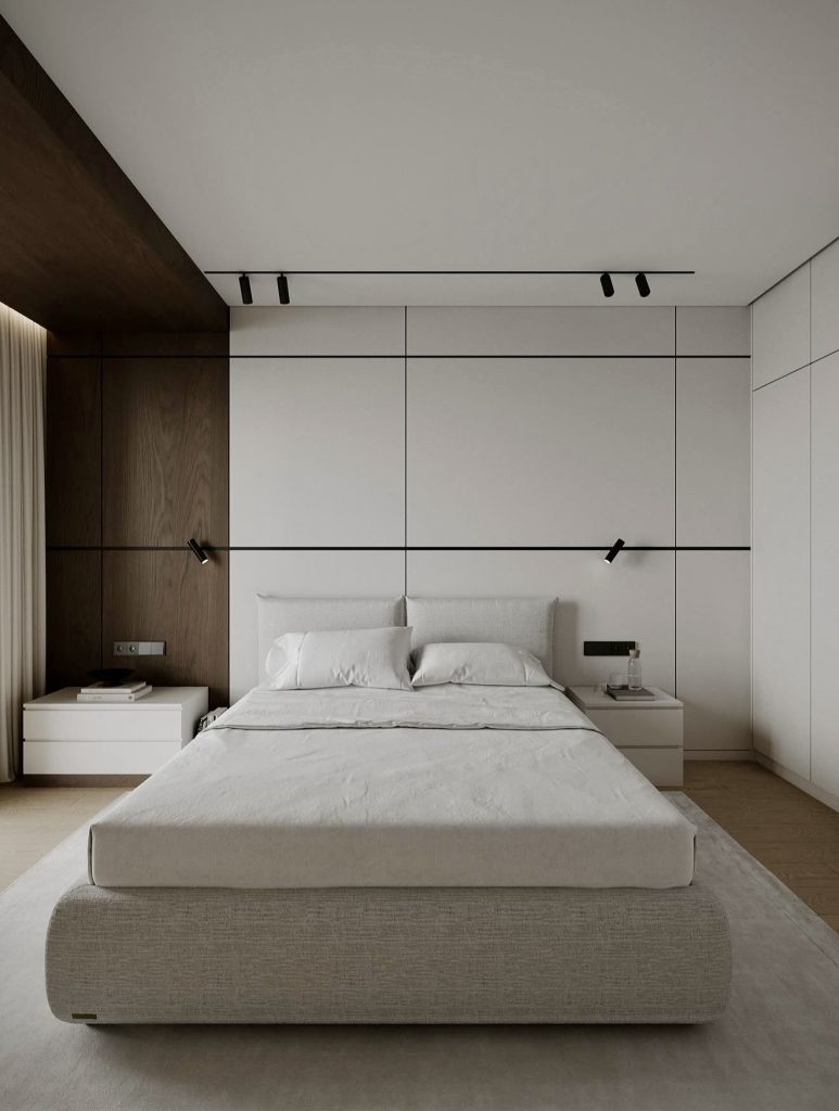 Minimalist bedroom with geometric panels
