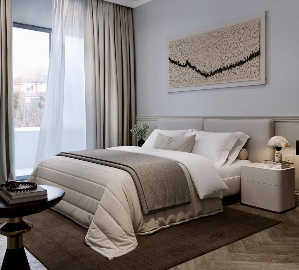 Modern bedroom with artistic wall decor